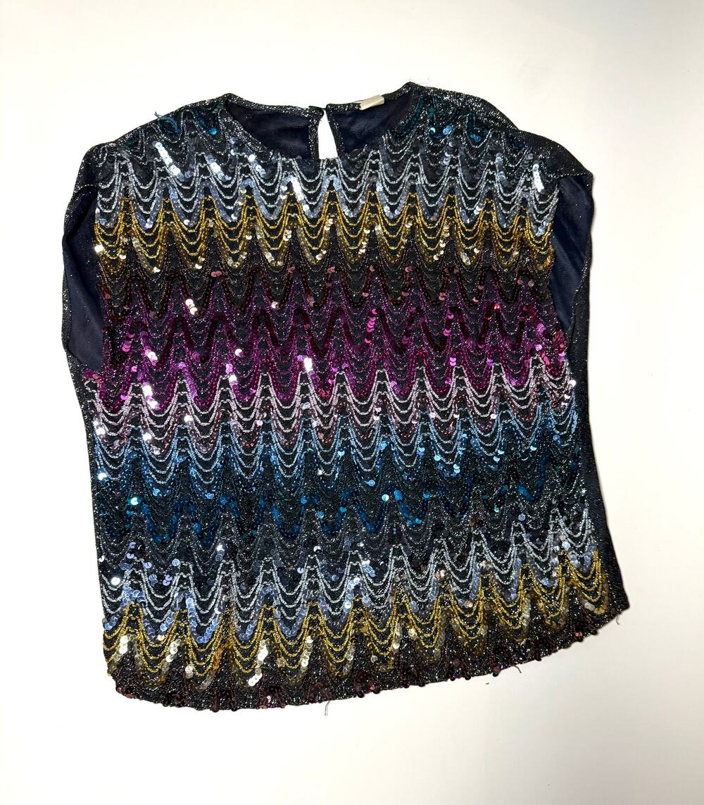 Black Multicolor Sequin Chevron Long Sleeve Party Blouse